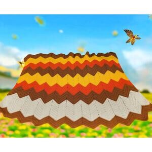 Vintage Handmade 70s 80s Crochet Chevron Blanket Grandma Afghan 58" x 40"
